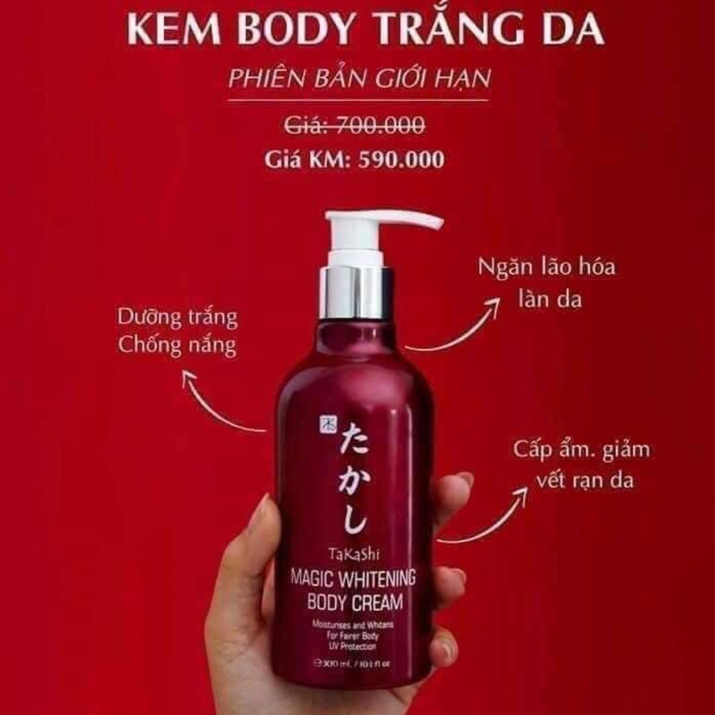 Kem body trắng da cấp ẩm thon gọn TAKASHI 300ml trắng mịn cấp ẩm chống nắng toàn thân