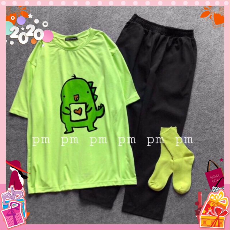 [HAN HAN SHOP 198] Sét Bộ Đồ Nữ Mặc Đi Chơi Dạo Phố Ngắn Tay Mùa Hè, Áo Phông Cotton In Khủng Long Kèm Quần Jogger Kaki