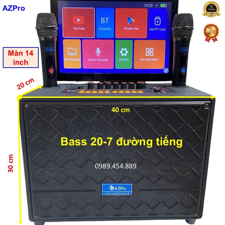 Loa di động Bluetooth màn hình Android 14 inch chính hãng AZPro AZ-M910 Bass 20 thùng gỗ bọc da,Mẫu loa 7 đường tiếng  mạch 7 núm chỉnh,Kèm 2 mic