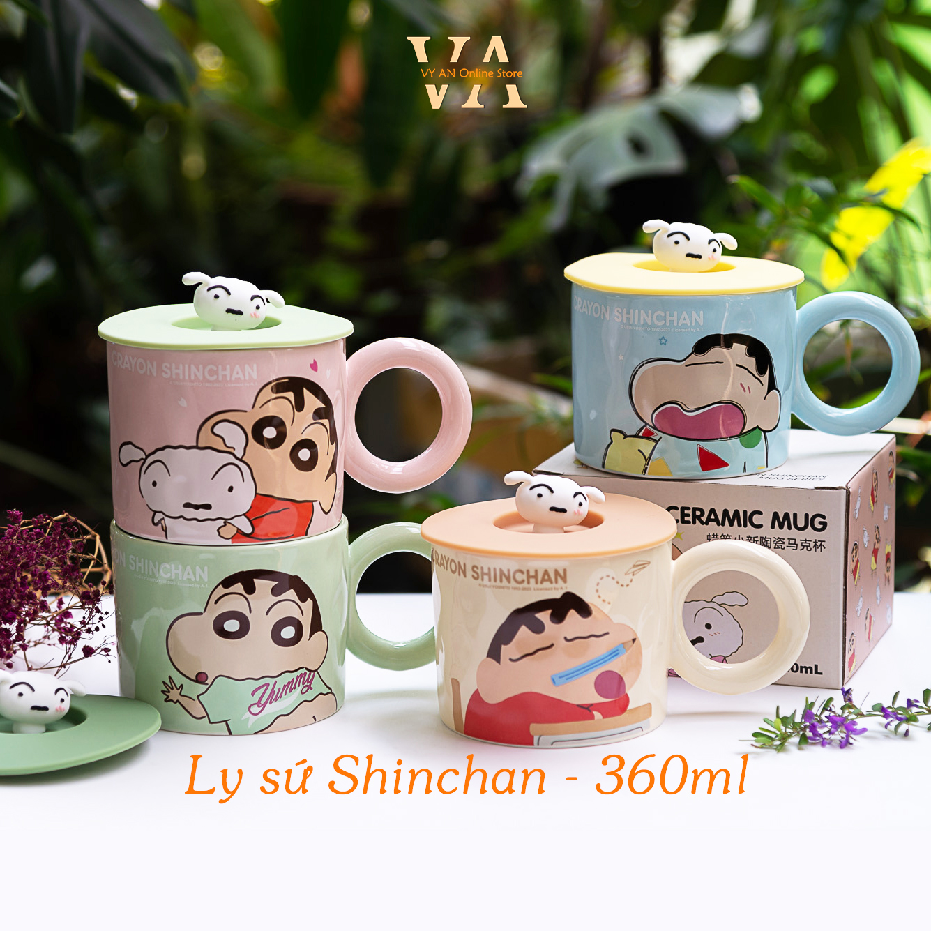 Ly Sứ - Cốc Sứ Shin Chan 4 mẫu màu Pastel dung tích 360ml kèm nắp Silicone - Ly sứ quà tặng
