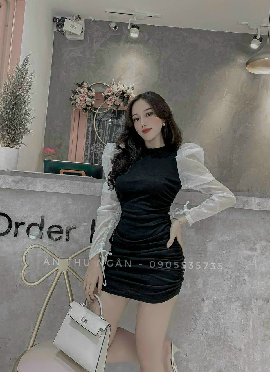 Đầm thiết kế bo chun ôm body cổ tròn phối tay phồng voan sang chảnh - hv