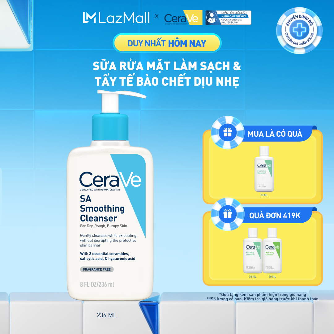 Sữa rửa mặt làm sạch da, loại bỏ dầu thừa và tẩy tế bào chết dịu nhẹ không gây khô da CeraVe SA Smoothing Cleanser 236ML