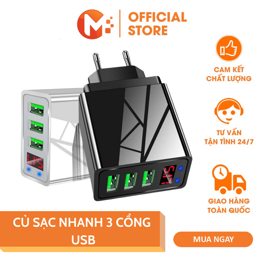Củ Sạc 3 Cổng USB, Có Màn Hình Đo Điện Áp, Thông Minh Tự Ngắt, bộ sạc nhanh, cục sạc pin điện thoại, cục sạc đa năng, củ sạc nhanh iPhone Samsung Xiaomi Oppo, cóc sạc 3 usb, cốc sạc điện thoại máy tính bảng có đèn led Mikatek