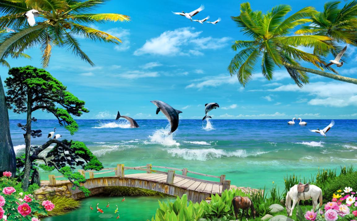Tranh dán tường 3d phòng khách biển