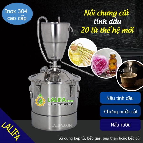 - Nồi chưng cất tinh dầu 20 lít thế hệ mới chưng cất nước hoa hồng, tinh dầu sả chanh bưởi các loại và có thể nấu ruou uống an toàn đảm bảo