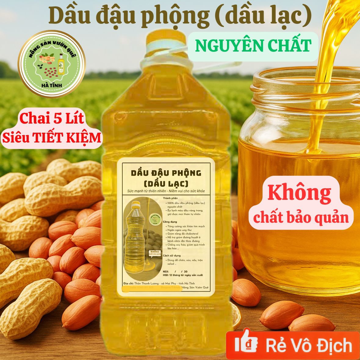 5 LÍT Dầu Lạc Nguyên Chất Ép Lạnh – Nông Sản Vườn Quê BÉ LAND – Dầu Đậu Phộng Sạch Nấu Ăn, Chiên Xào, Trộn Salad Thơm Ngon