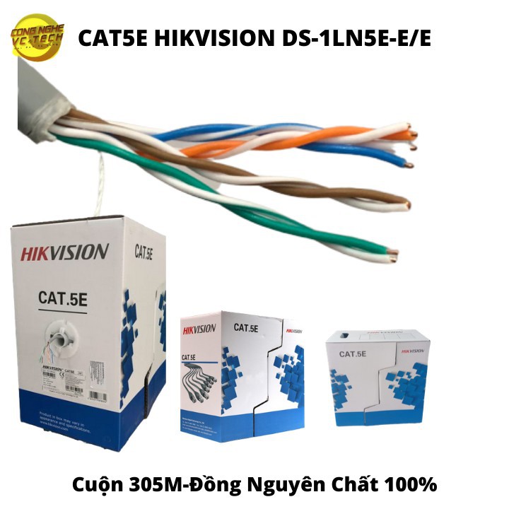 Cáp mạng 8 sợi, đồng nguyên chất cat5e hikvision ds-1ln5e-e/e xanh, cuộn 305 met