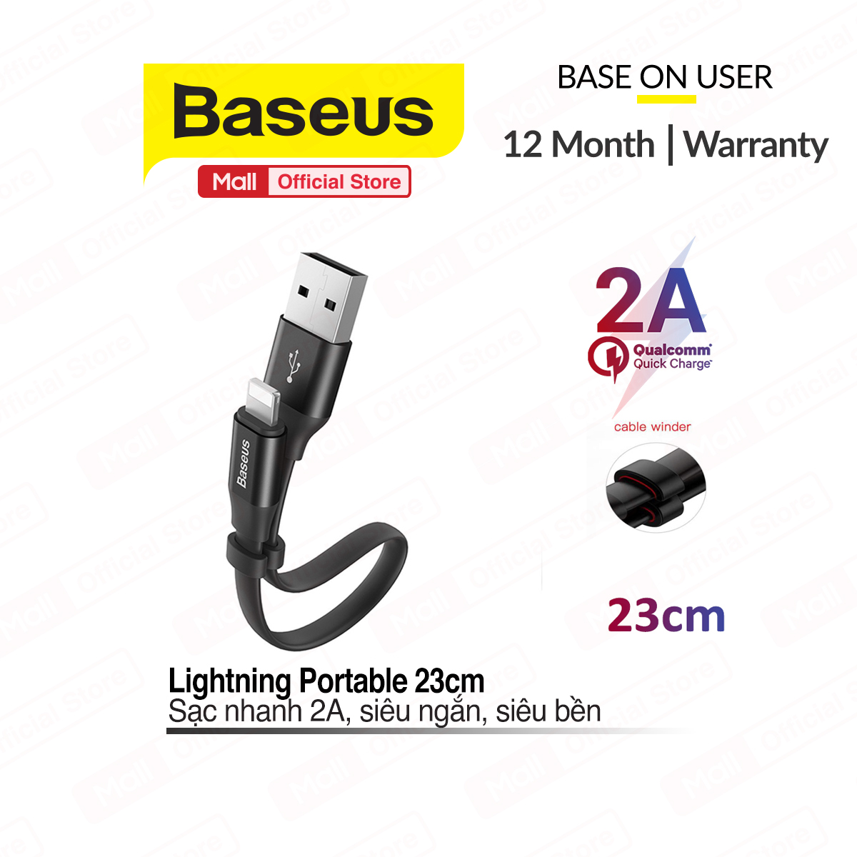 Cáp sạc và truyền dữ liệu Baseus Lightning Portable 23cm (2A Sạc nhanh Siêu ngắn Siêu bền)