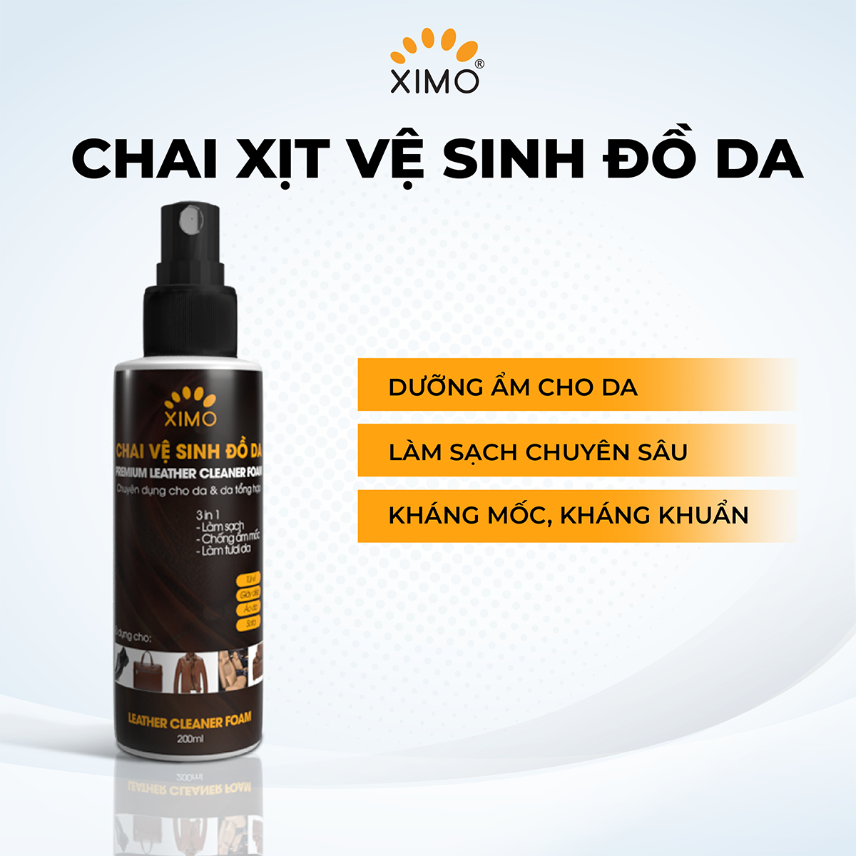 Chai vệ sinh đồ da 150ml XIMO giúp làm sạch, dưỡng ẩm chống mốc, kháng khuẩn giày, túi ví, áo, ghế da XI03