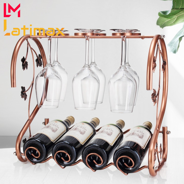 Giá treo ly rượu vang kèm kệ để rượu 4 chai cỡ đại Latimax - Kệ rượu để bàn phong cách bắc âu