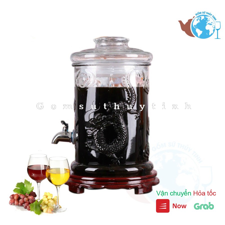 Bình ngâm rượu thủy tinh 12 lít dáng trụ hoa văn rồng - Có vòi hoặc không vòi