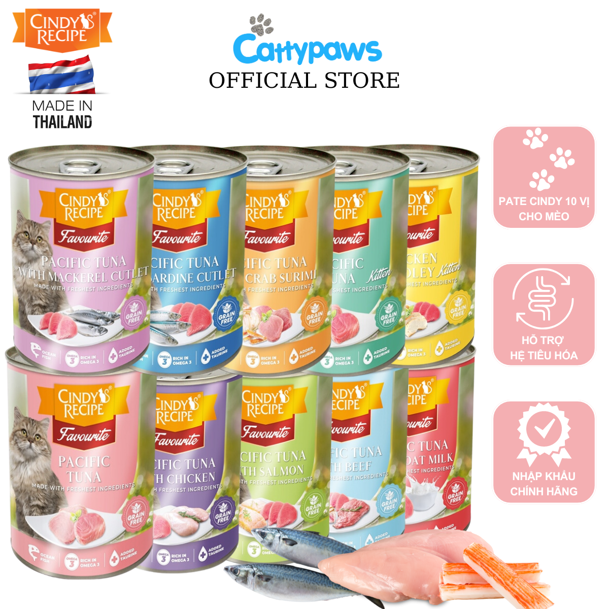 Pate Cho Mèo Cindy Recipe 8 Vị Thơm Ngon Lon Lớn 400g - Thức Ăn Ướt Các Vị Cá,Thịt, Hải Sản | Cattypaws