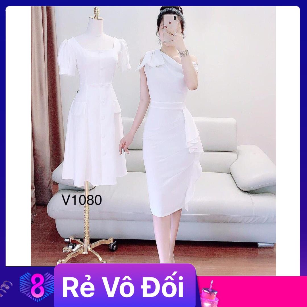 Đầm body lệch vai phối nơ chất umi freesize 2 màu trắng đỏ