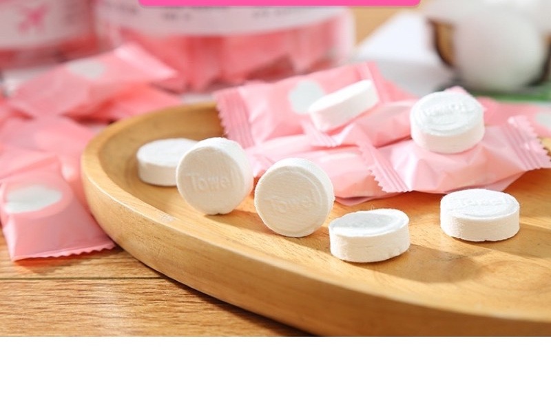 Combo 100 khăn giấy nén du lịch hình viên kẹo, khăn ướt dạng nén hình viên kẹo