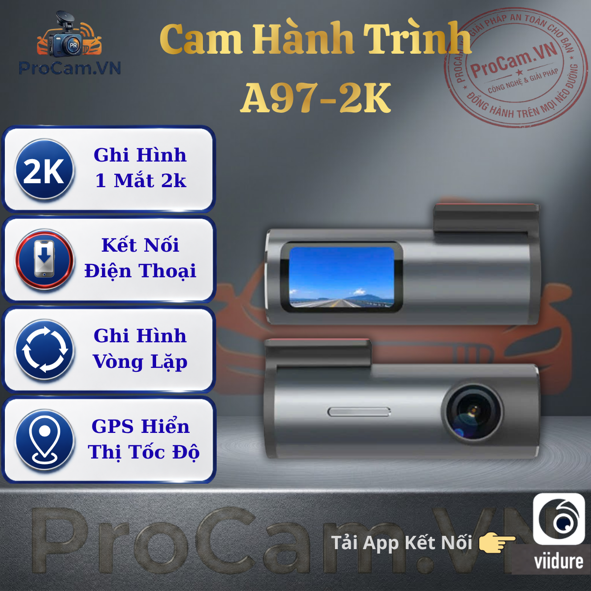 Camera Hành Trình Ô Tô A97-2K Ghi Hình 2K Siêu Nét, Có GPS Hiển Thị Tốc Độ, Kết Nối Điện Thoại WiFi Qua App Viidure