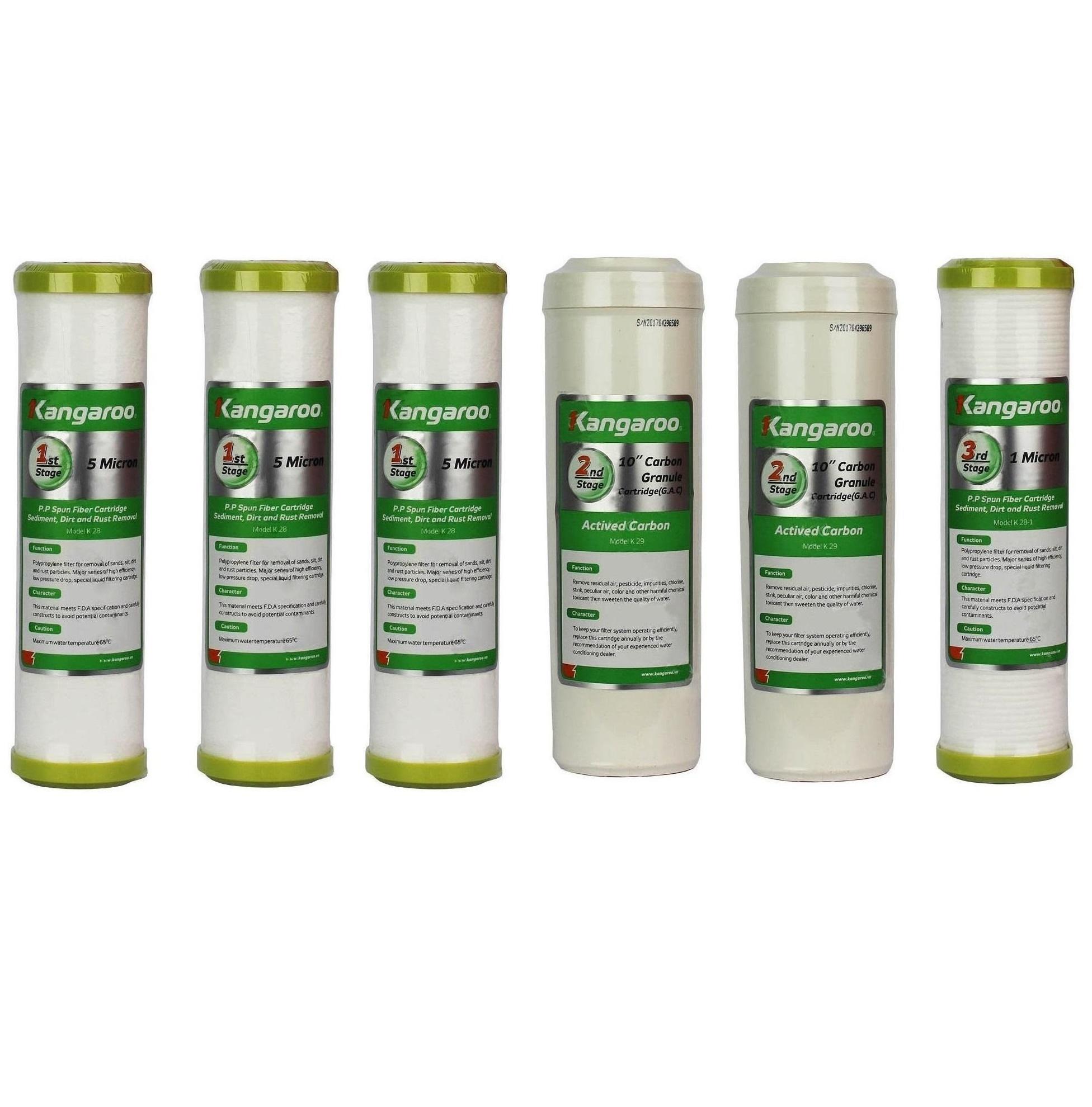 Bộ 06 Lõi Lọc Nước Kangaroo - Hãng phân phối, gồm 03 Lõi số 1, 02 Lõi số 2 và 01 Lõi số 3 - Máy lọc nước Kangaroo
