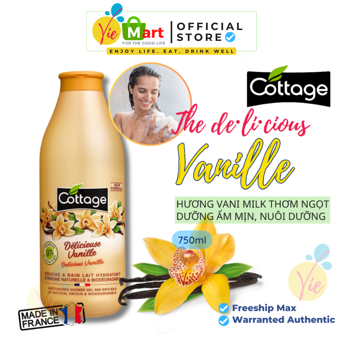 Sữa tắm Cottage Shower Bath and Moisturising Milk Delicious Vanilla 750ml