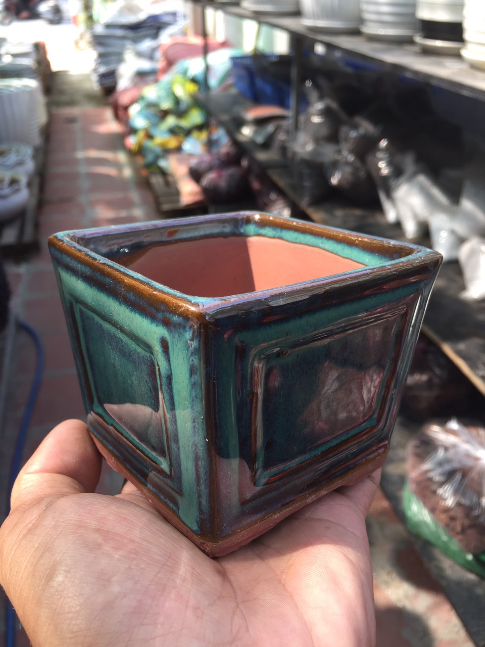 Chậu gốm sứ cao cấp men xanh lục size nhỏ mini trồng cây bonsai để bàn-kiểu hình vuông rộng 9 cao 7.5 cm