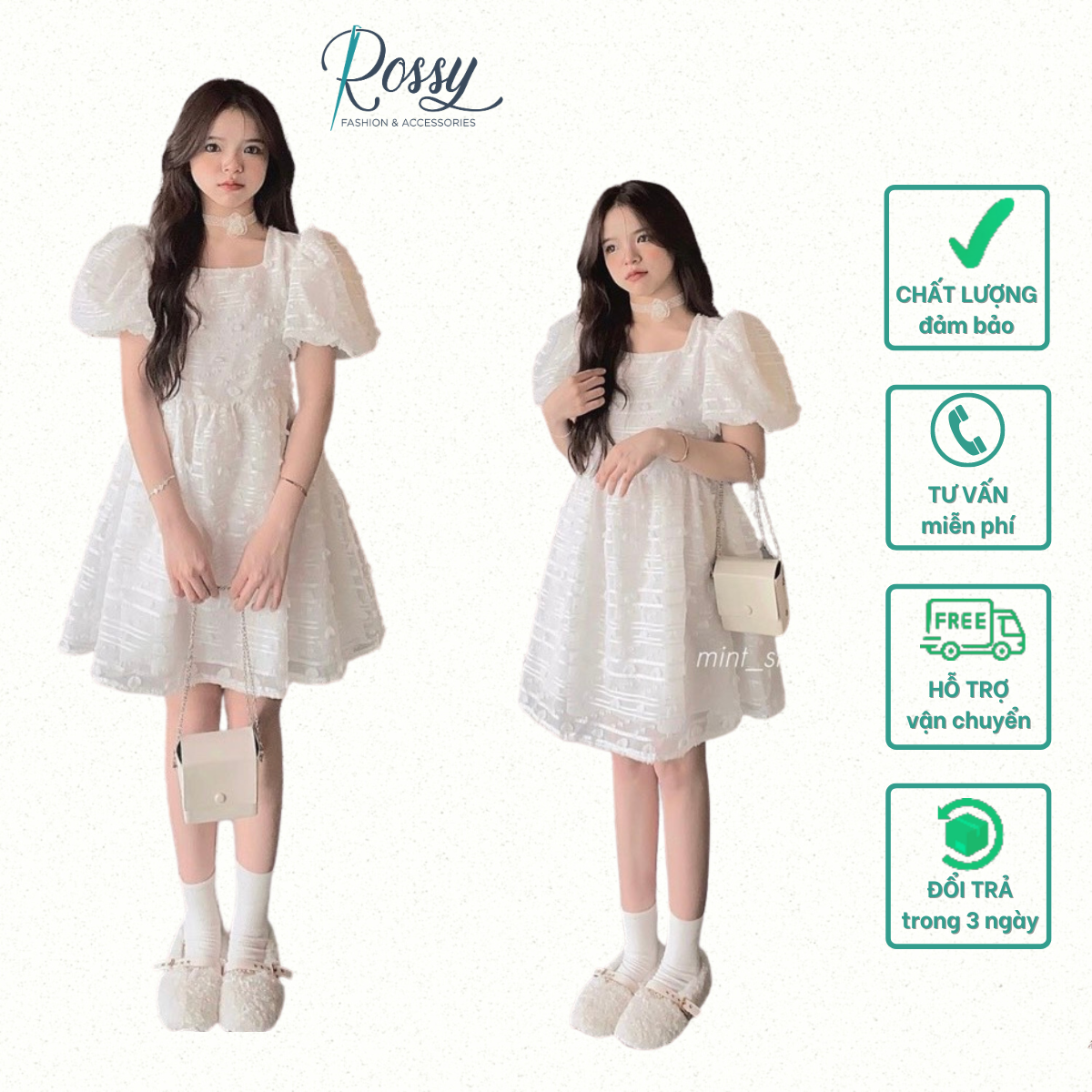 Đầm nữ babydoll trắng ren hoa tay phồng kèm chocker hoa cổ Freesize Rossy Fashion - SR185