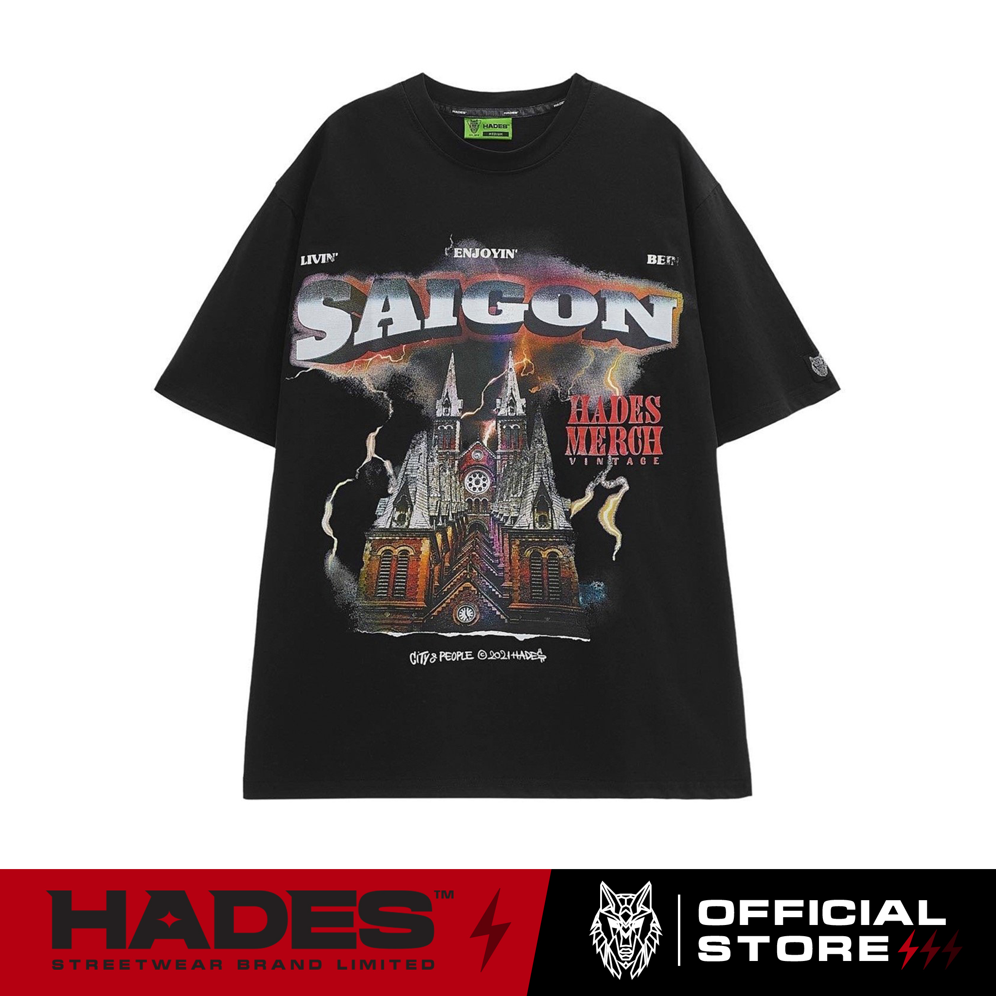 ÁO THUN TAY LỠ UNISEX SAIGON SPIRIT ĐEN 100% COTTON - HADES BRAND CHÍNH HÃNG