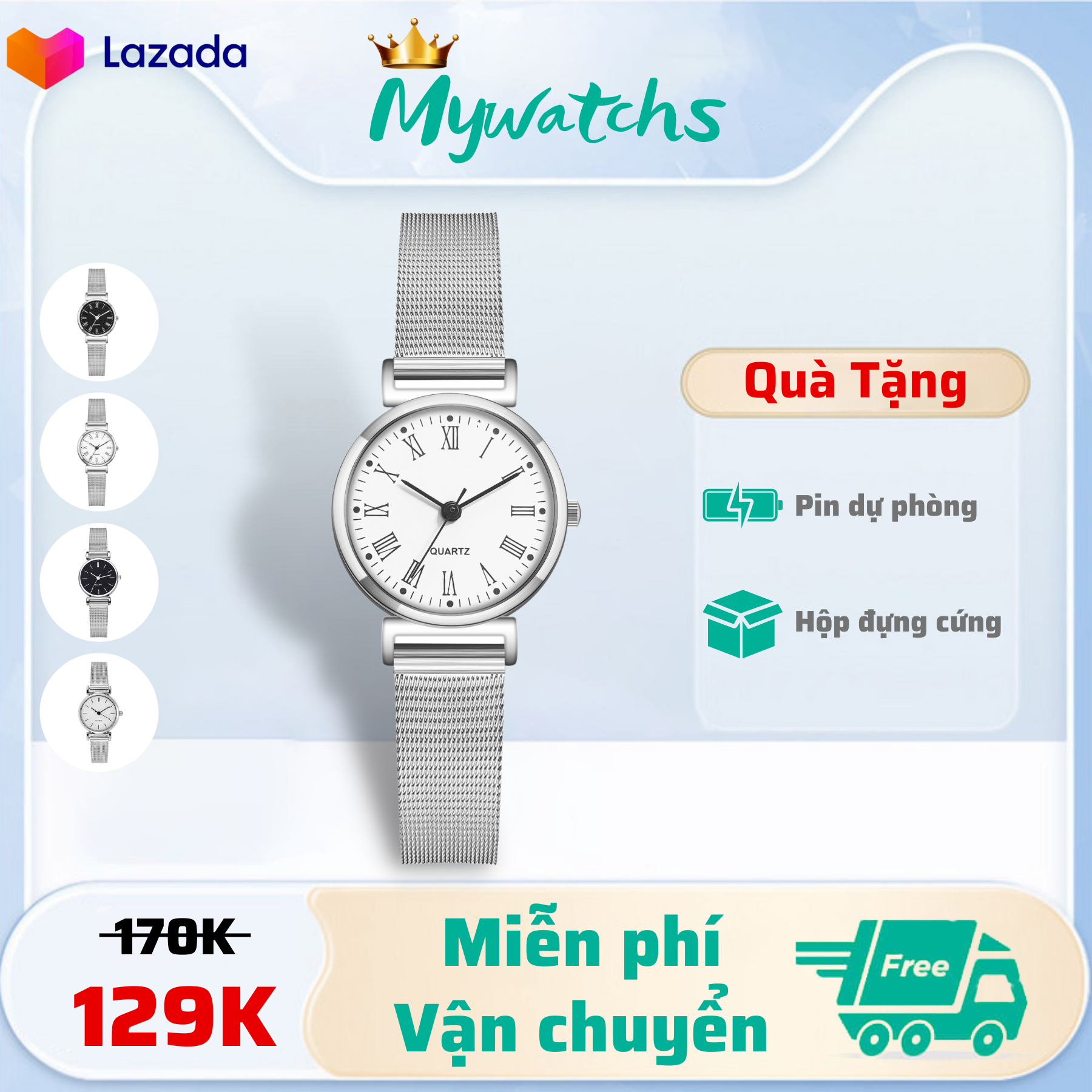 Đồng hồ nữ mặt nhỏ dây kim loại QUARTZ, đồng hồ thời trang nữ đẹp mặt tròn size 22mm màu bạc khóa cài giá rẻ