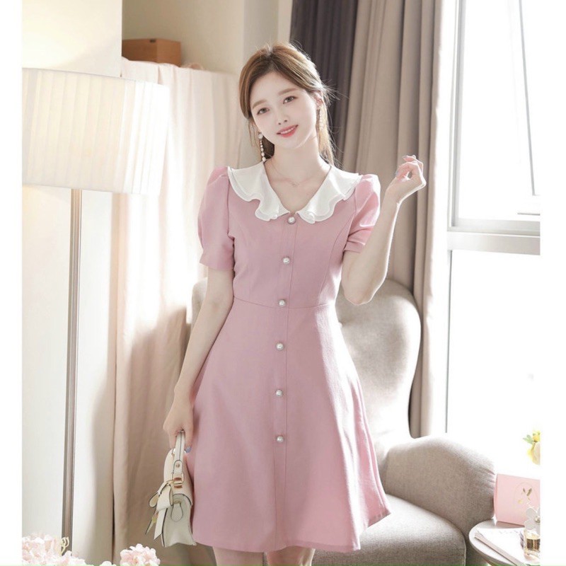Đầm cổ trắng, nút ngọc ms104