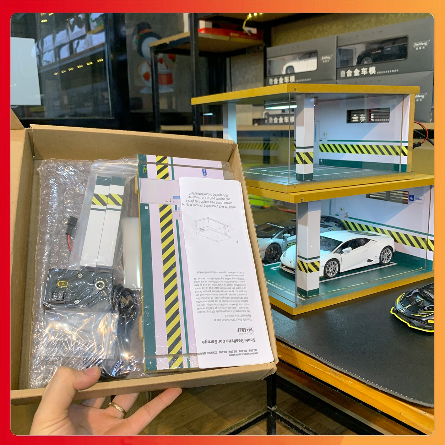 Mô hình Garage, Diorama bằng gỗ, có đèn trưng bày mô hình xe