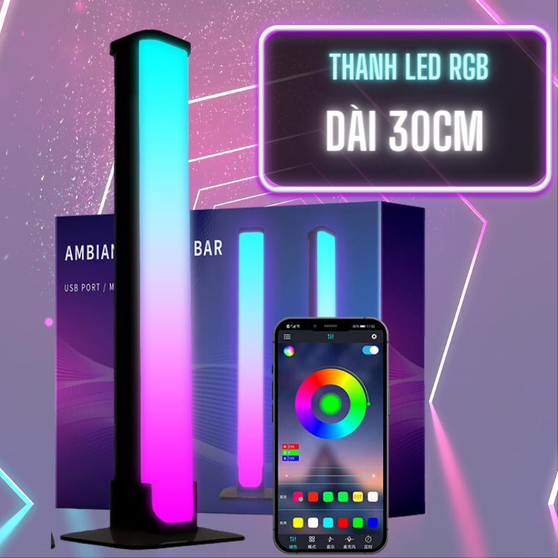 Thanh Đèn LED RGB cảm biến âm thanh có chân đế để bàn, Thanh LED có app điều chỉnh chế độ đèn hiện đại nhất