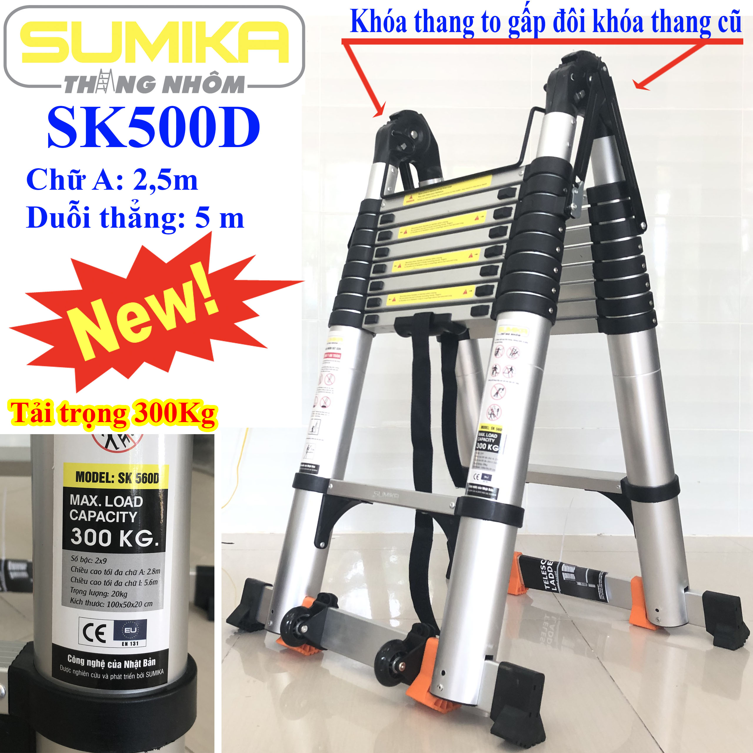 Thang nhôm rút Chữ A 2,5m duỗi thẳng 5m Sumika SK500D/SKS500D- Đế cao su chống trượt: Thanh ngang có 8 đế cao su chắc chắn. Bảo hành: 2 Năm