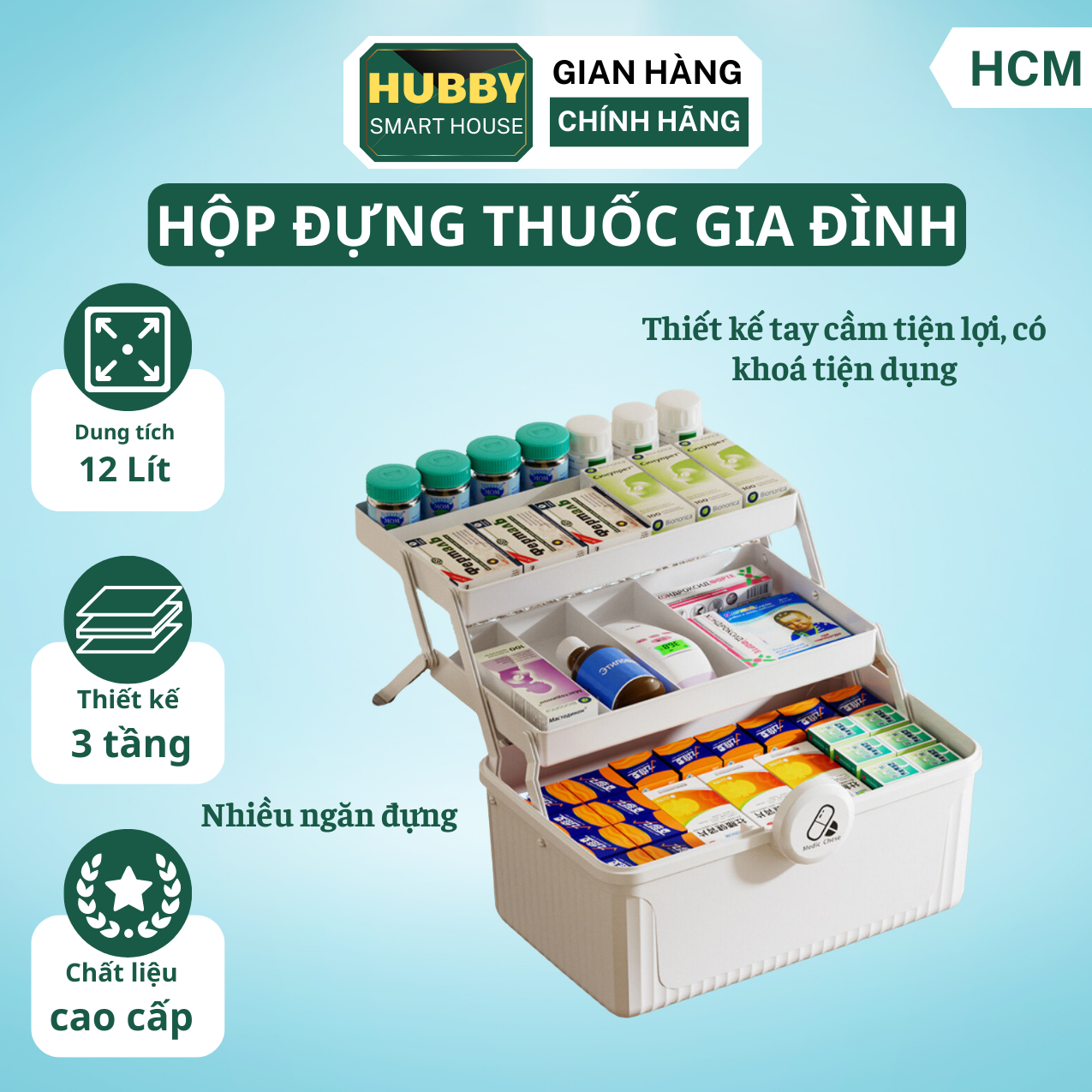 Hộp đựng thuốc gia đình, hộp y tế đa năng tại nhà đựng thuốc thiết bị y tế 3 tầng có khóa mở an toàn, thiết kế quai xách