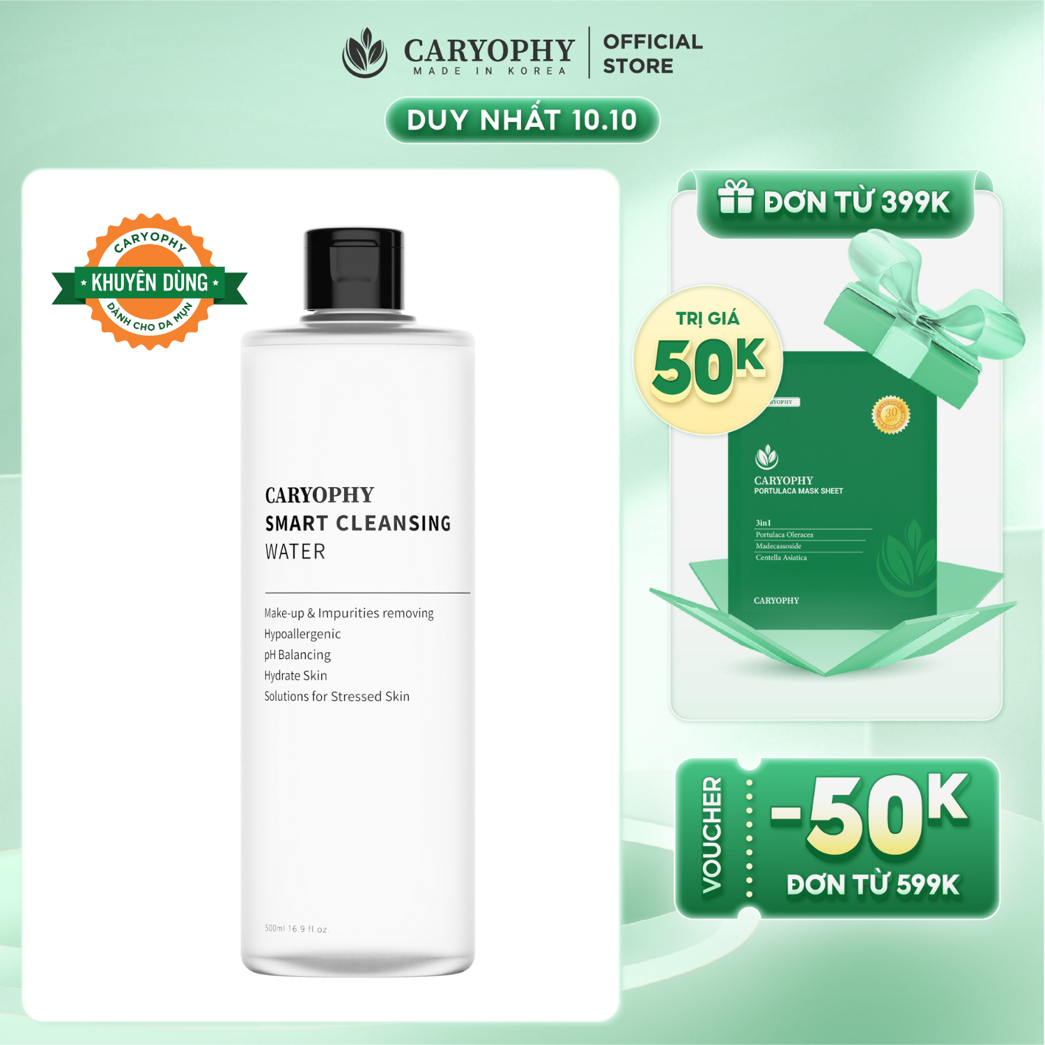 Nước tẩy trang sạch sâu ngừa mụn Caryophy Smart Cleansing Water 500ml