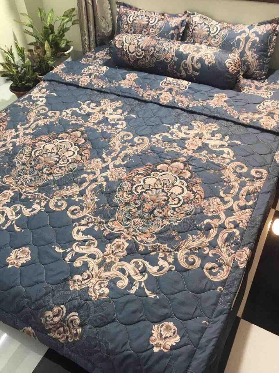 Bộ Chăn Ga Gối Combo 5 Món , Thổ Cẩm Xanh , Chất Liệu Bền Đẹp, Không Phai