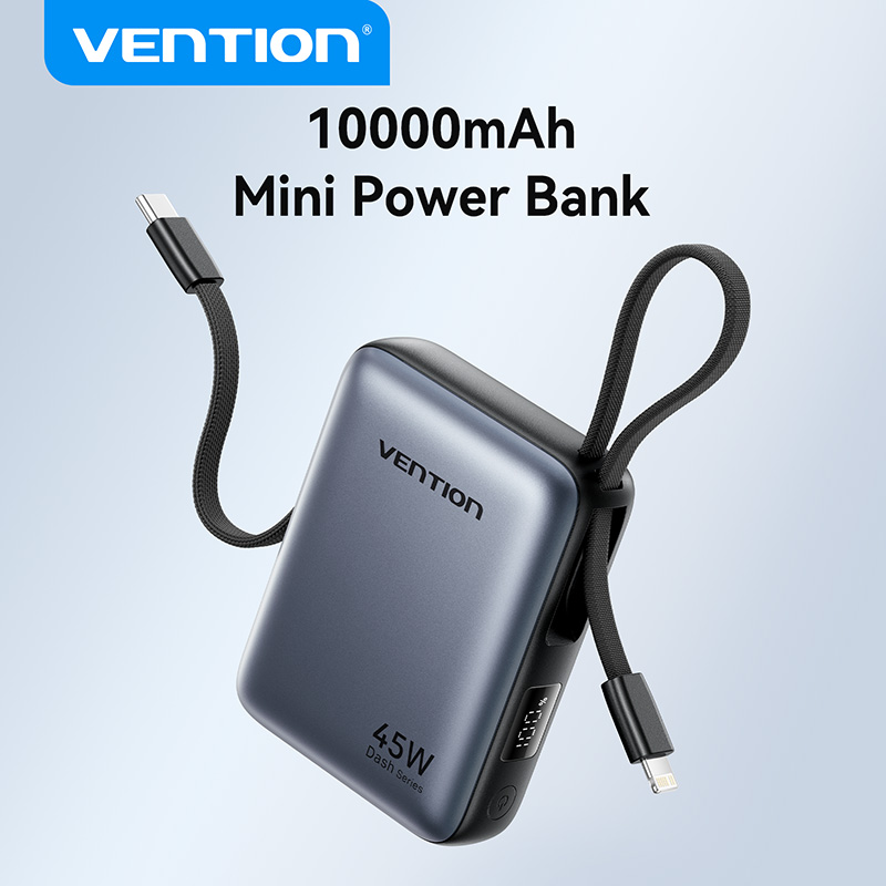  Vention Pin Sạc Dự Phòng 10000mAh Mini 45W Siêu Nhanh - 2 Cổng Type-C USB-C + Lightning - Hỗ trợ Sạc iPhone Samsung - Hàng Chính Hãng - Màu Xám 