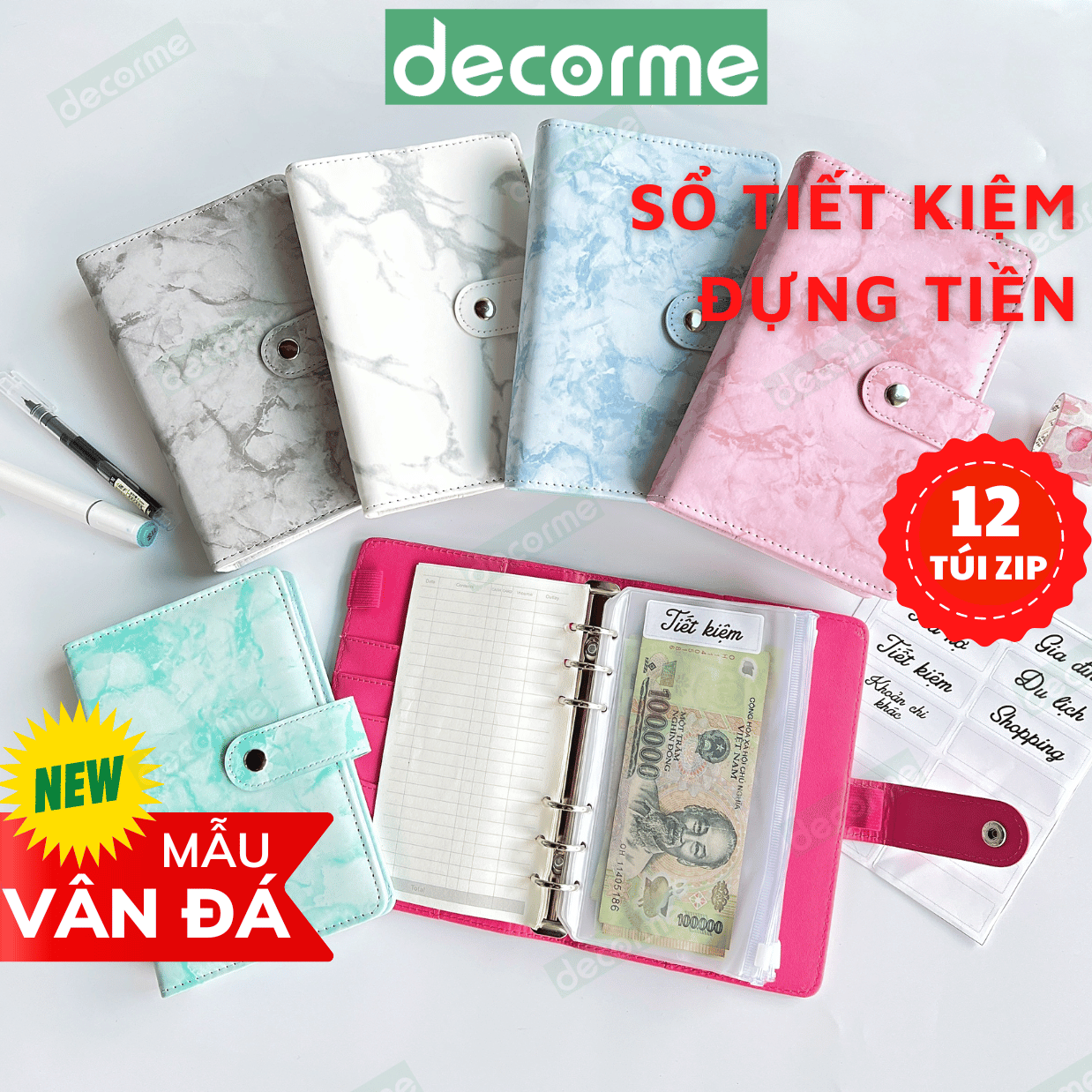 Sổ tiết kiệm đựng tiền 12 ngăn DecorMe sổ chi tiêu tiết kiệm thông minh 12 túi zip A6 dùng đựng tiền tiết kiệm