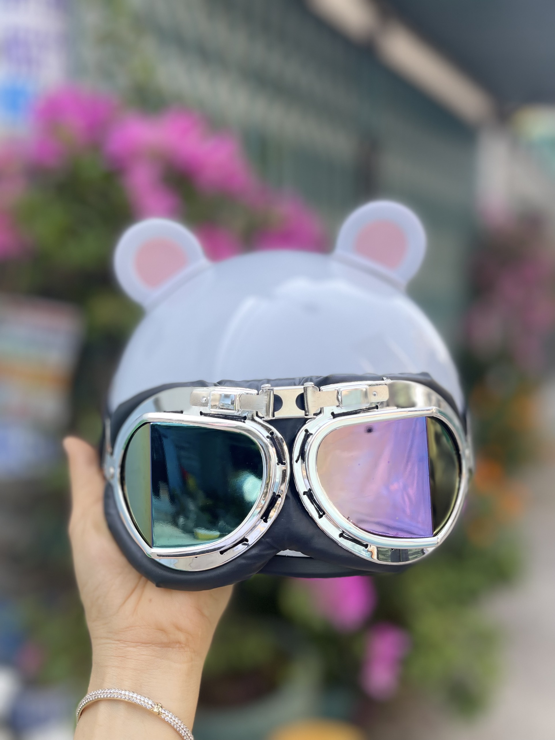Nón bảo hiểm kính phi công +tặng tai gấu panda