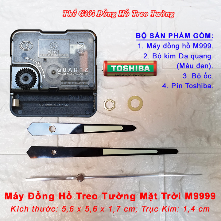 Máy Đồng Hồ "Mặt Trời" M9999 – Bộ Kim Đen có DẠ QUANG - Tặng Pin AA Vỏ Nhôm
