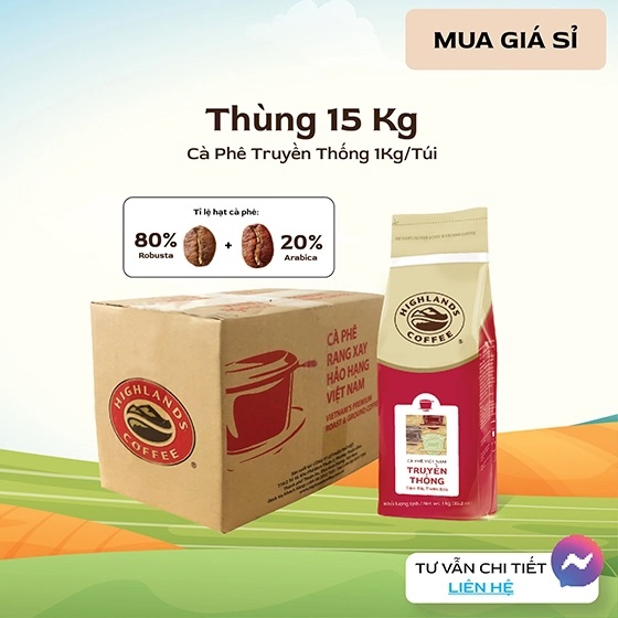 Giá sỉ liên hệ Thùng 15 KG Cà phê bột Truyền thống Highlands Coffee 1kg