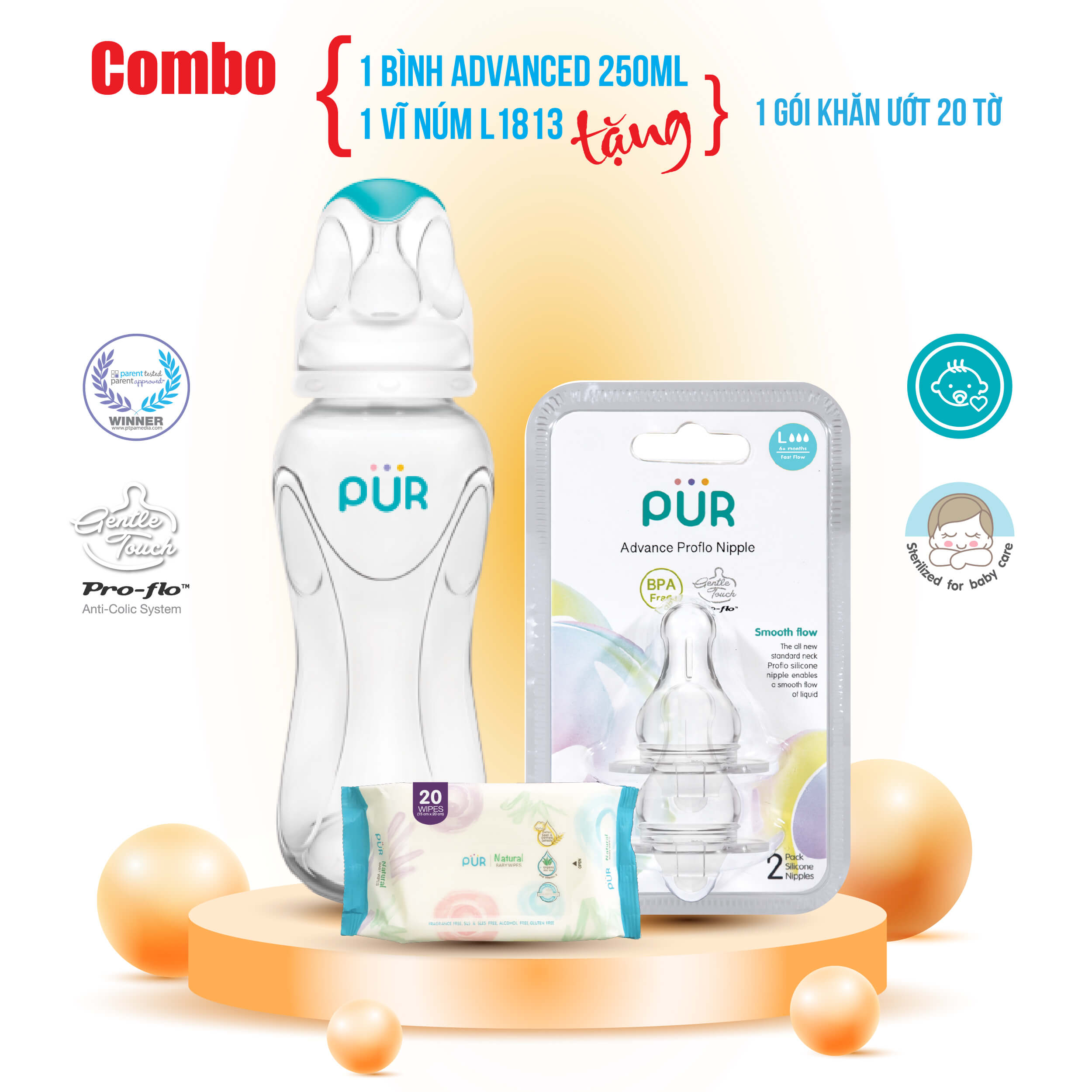 Combo 1 bình pur advanced 250ml + 1 vỉ núm size l - tặng gói khăn ướt pur 20 tờ