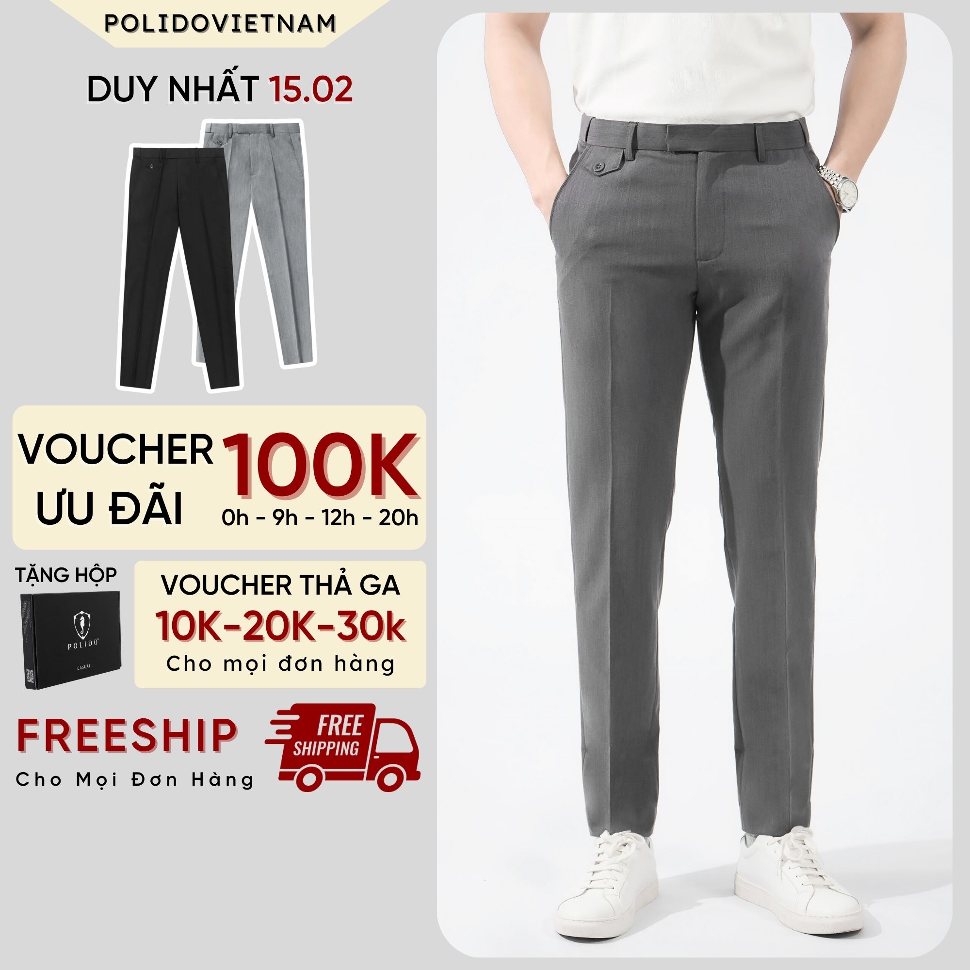 Quần âu nam cạp trượt polido chất liệu cotton co giãn,thoải mái kiểu dáng lịch lãm slimfit tinh chỉnh phù hợp dễ phối