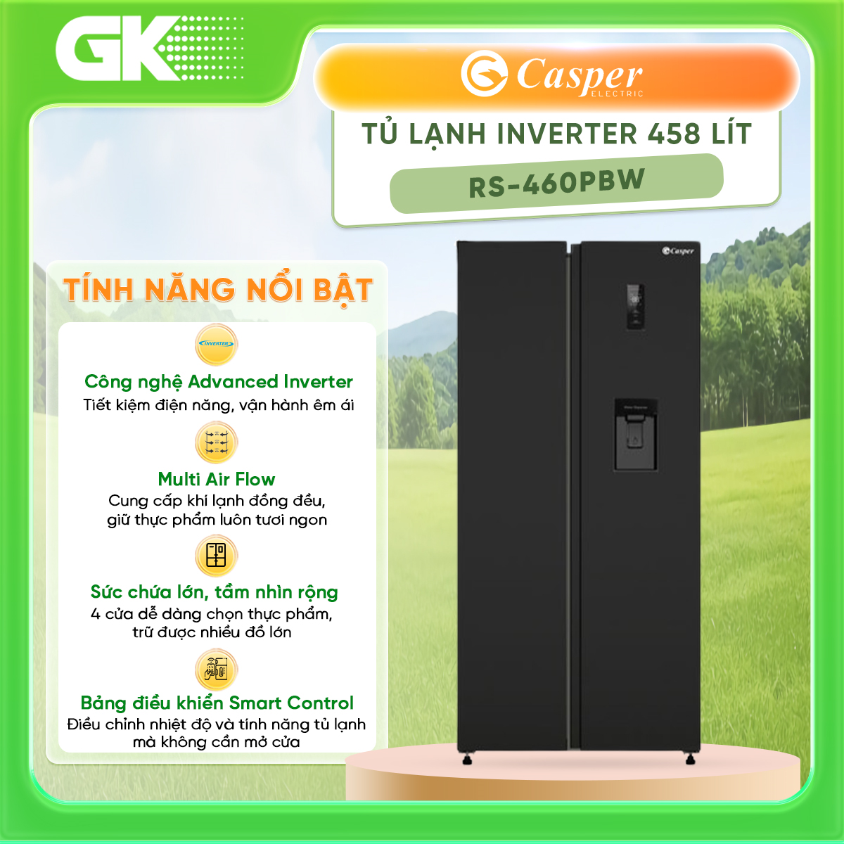 Tủ lạnh Casper Inverter 458 lít RS-460PBW - [HCM] [Trả Góp] - Đèn LED chiếu sáng Lấy nước bên ngoài Khay kệ linh hoạt - GIAO HÀNG TOÀN QUỐC - FREESHIP HCM