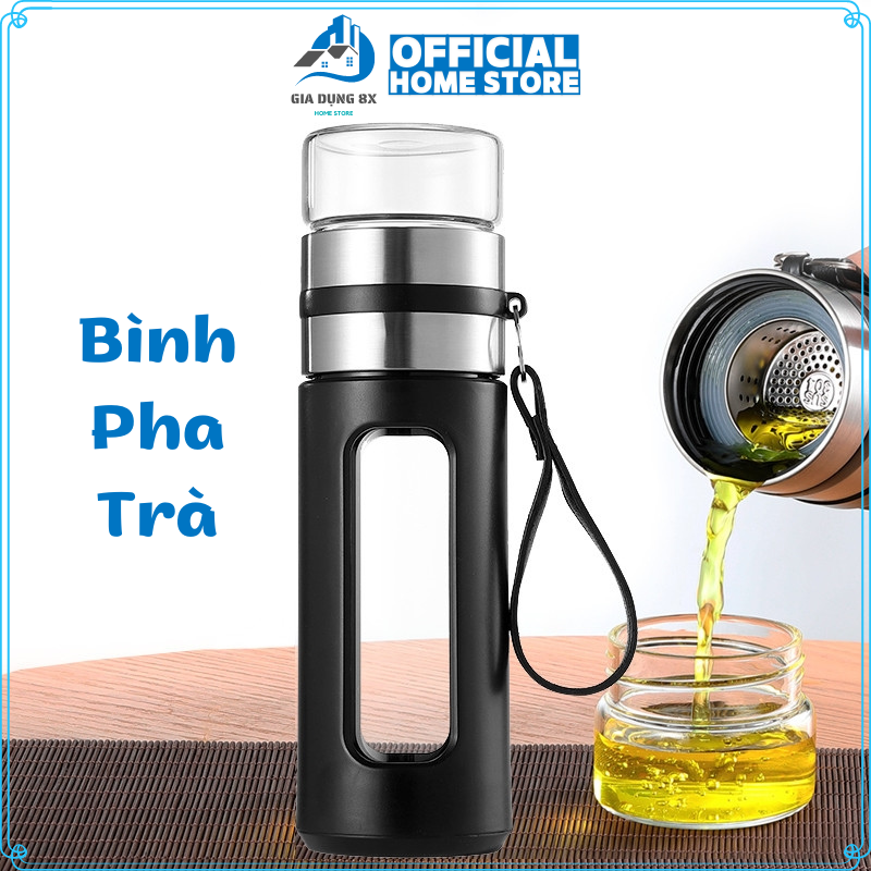 Bình pha trà , bình lọc trà cầm tay có quai da, lõi lọc inox kèm cốc uống - bình thủy tinh pha trà, vỏ bằng nhựa cứng chịu nhiệt 450ml