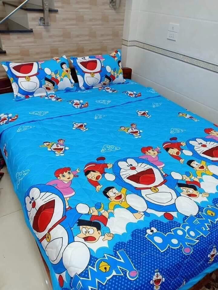 Bộ chăn ga giường vỏ gối cotton 5 món - bộ ga gối cotton doremon - mềm mịn