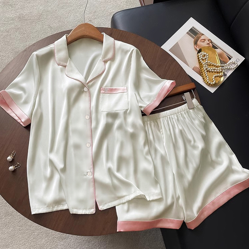 Bộ Đồ Ngủ Lụa Băng Quần Short Ngắn Tay Mùa Hè Của Phụ Nữ Mới Màu Trơn Cao Cấp Tính Khí Ngọt Ngào Bộ Đồ Mặc Nhà Chụp Thật