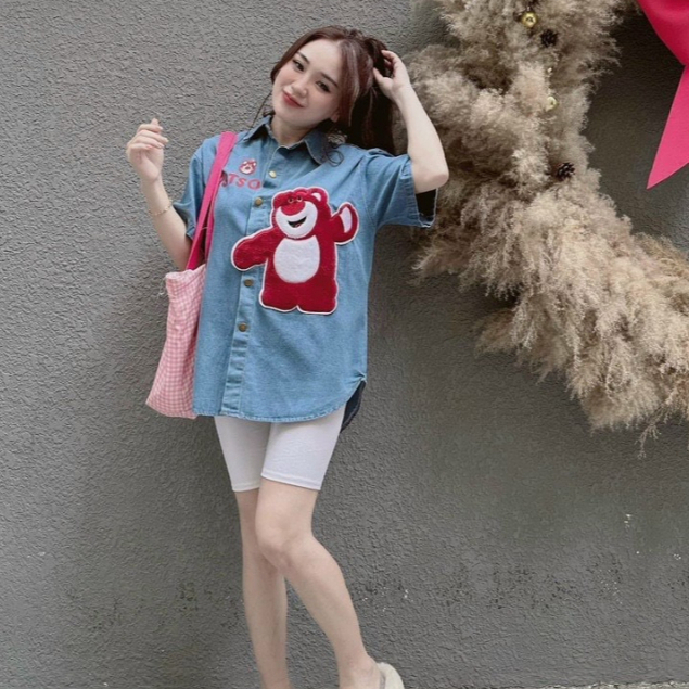 Áo sơ mi Jean Bigsize gấu thêu đỏ MN18