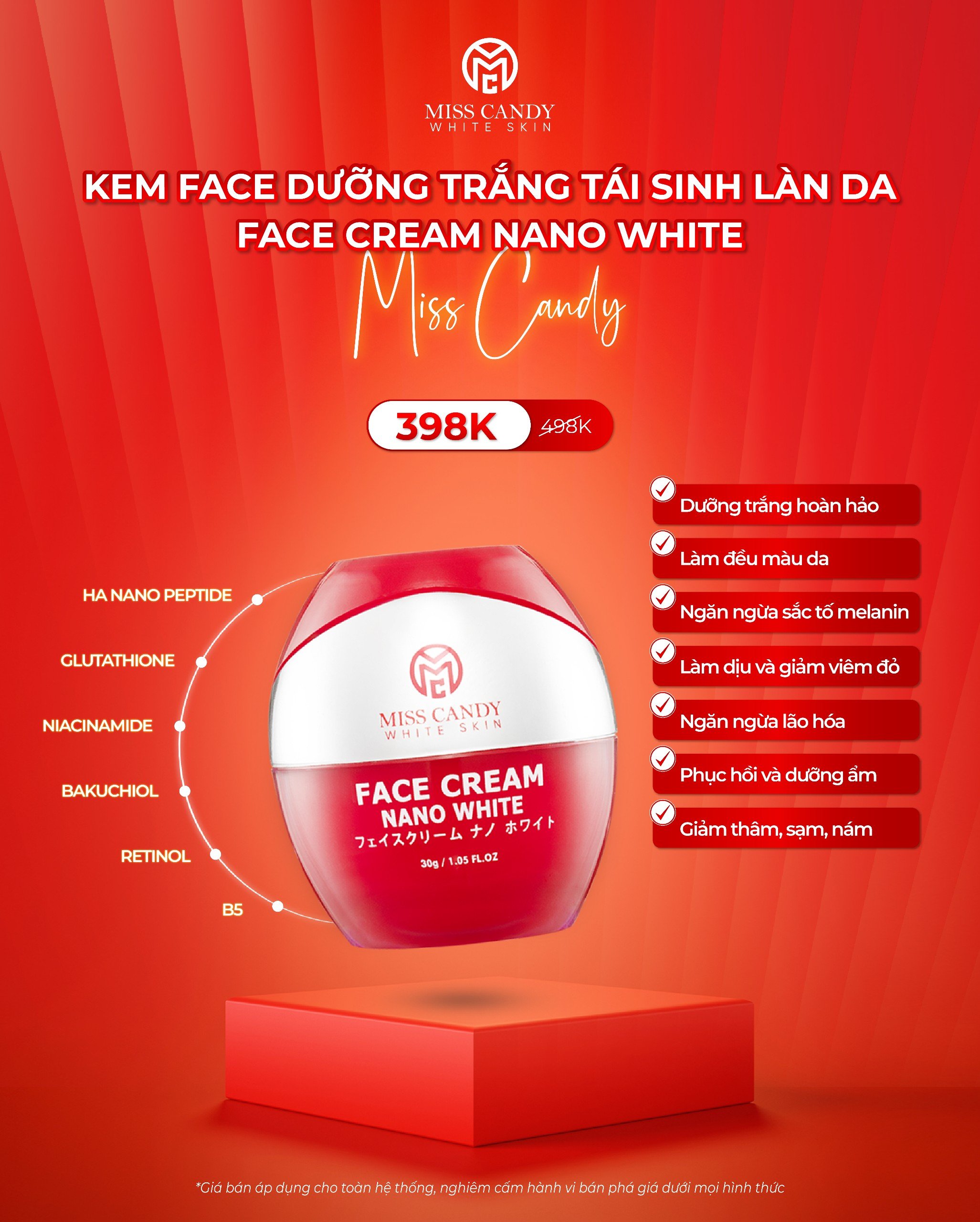[MISS CANDY] Kem Dưỡng Trắng Da Mờ Thâm, Sạm, Nám Face Nano Miss Candy 30g, Giúp Tái Sinh Làn Da, Ngăn Ngừa Hình Thành sắc Tố Melanin, Phục Hồi Da Hư Tổn  - Gia Tuệ House