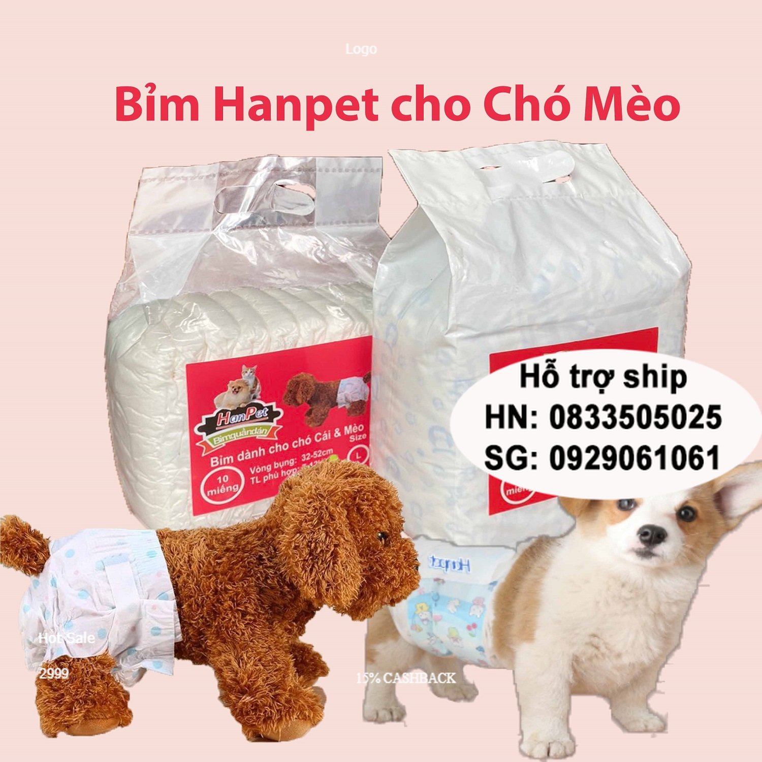 Doremiu - (Bịch 10 miếng) Tã bỉm chó mèo Bỉm quần dạng dán cho chó cái và mèo tã bỉm chó đực