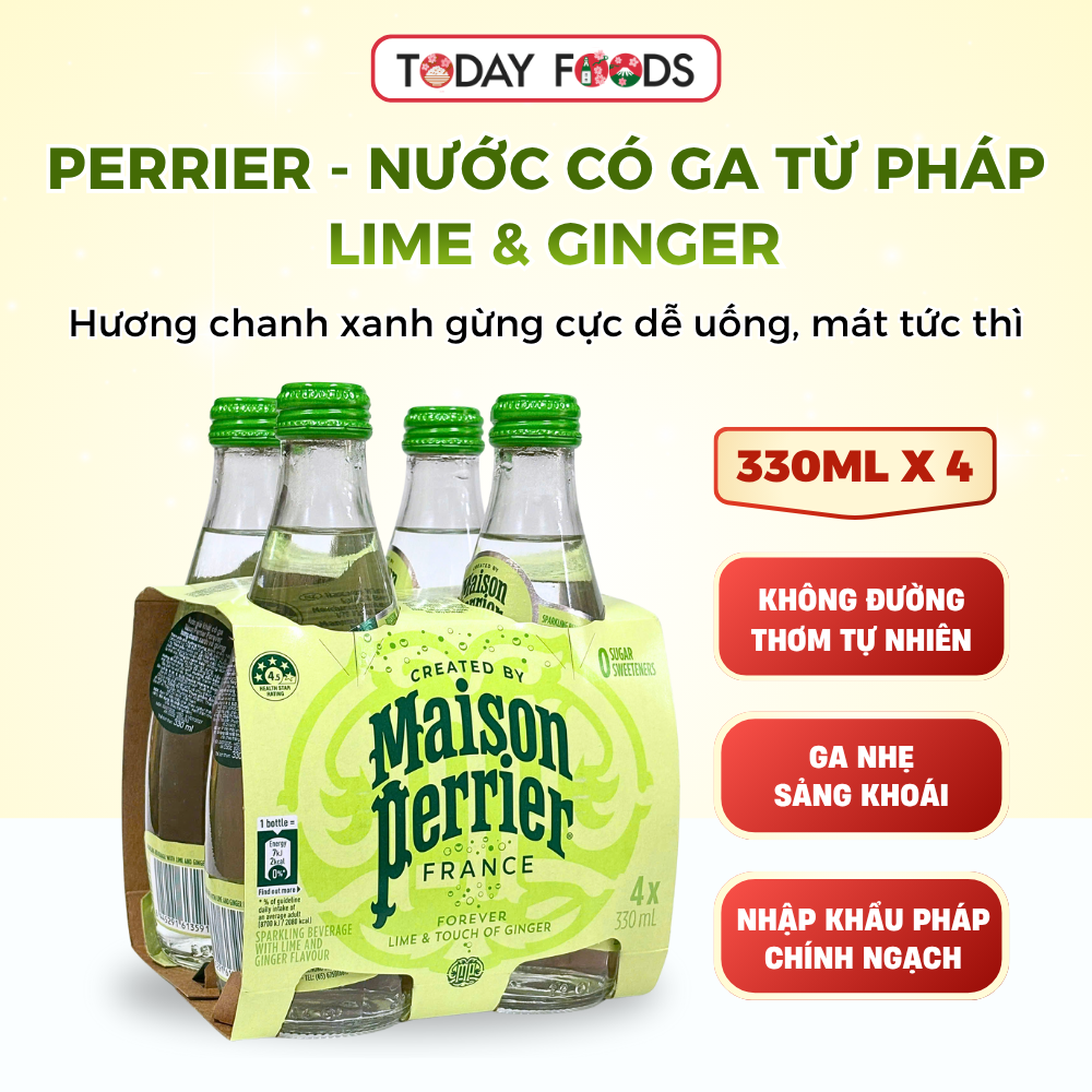 Nước Có Ga Perrier Lime & Ginger lốc 4 chai 330ML – Nhập Khẩu từ Pháp – Hương chanh xanh gừng