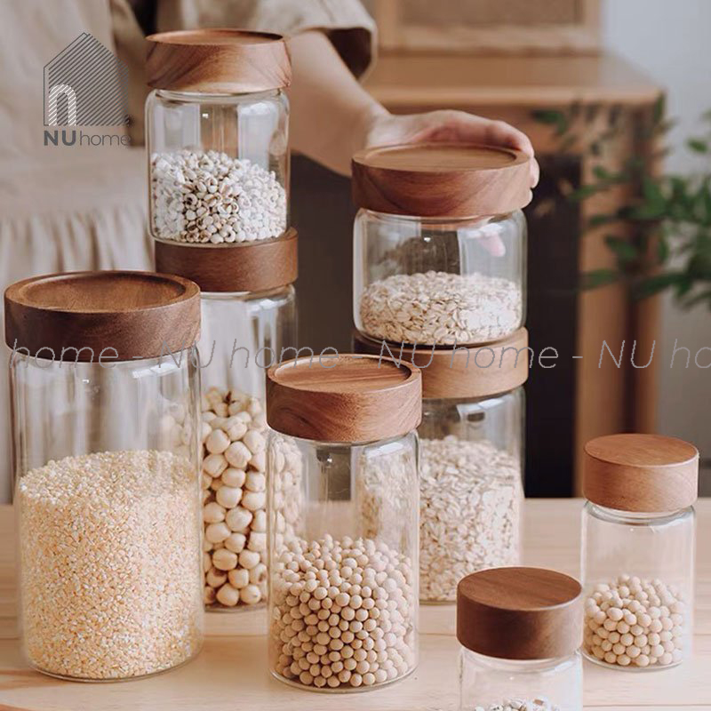 Hũ thuỷ tinh nắp gỗ kín khí | nuhome.vn | hũ thuỷ tinh đựng gia vị đồ khô thiết kế đẹp mắt và sang trọng