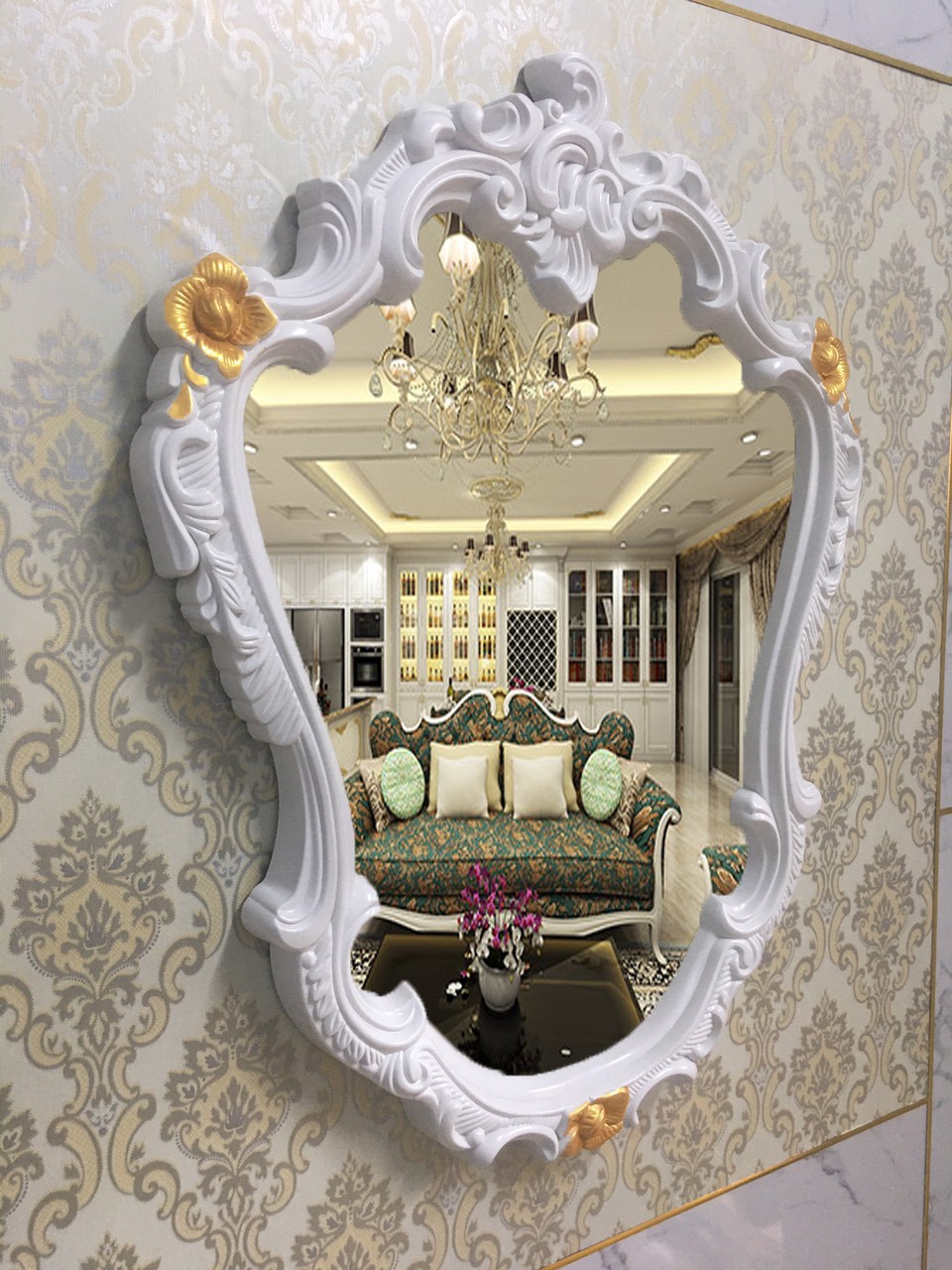 Gương phòng khách, phòng ngủ, bàn trang điểm treo tường tân cổ điển 67x87cm _DPG823
