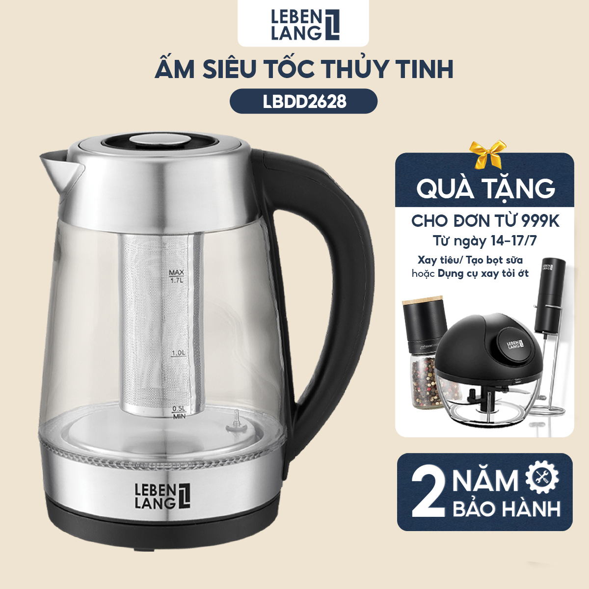 [Duy nhất 23.08 - Voucher 15% ĐƠN TỪ 149k MAX 250K] Ấm siêu tốc thủy tinh LEBENLANG LBDD2628 điều khiển nhiệt độ đun, bảo hành đổi trả trong 2 năm - hàng chính hãng